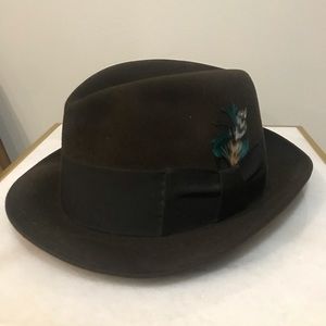 Men’s fedora hat with feather Resistol self-conforming Byer Rolnick brown color